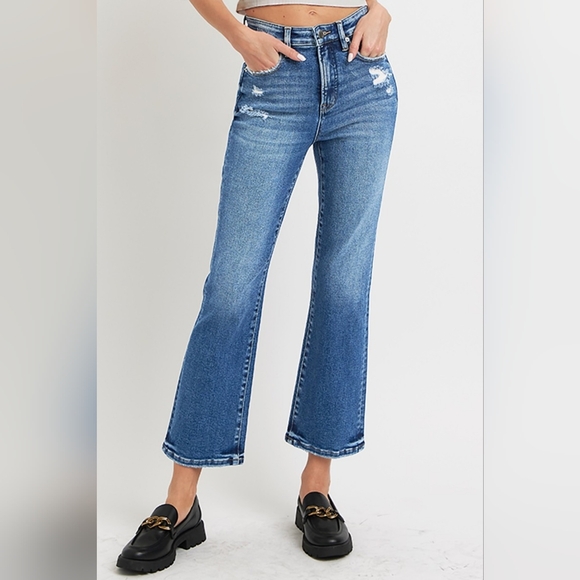 RISEN High-Rise Tummy Control Retro Jeans Distressed Bootcut Ankle Denim Pants - Picture 4 of 16